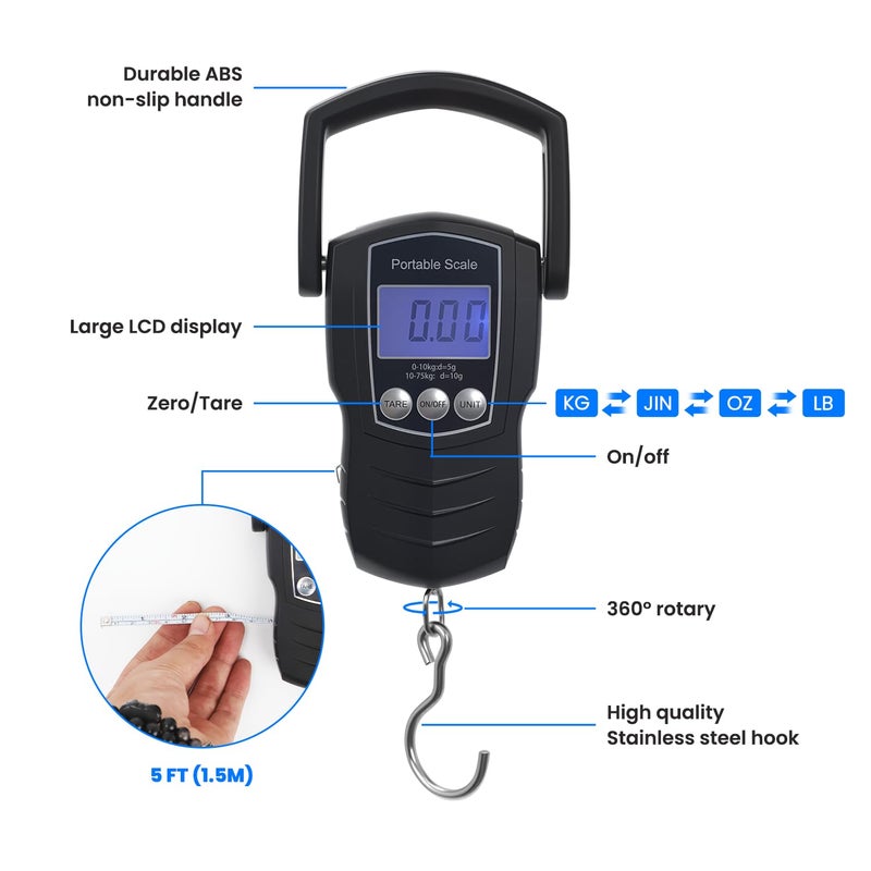 NaRener Digital Fish Scale, 75KG （165LB） Professional Fishing Scale Luggage Scale & Fish Lip Gripper Set with 5FT Tape Measure (with A Lip GRIPER) - Image 3